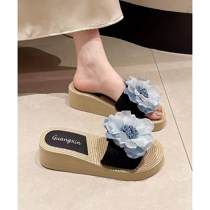 Bohemian Black Floral Wedge Slide Sandals Peep Toe
