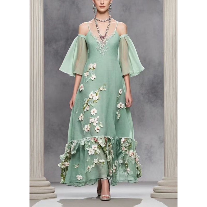 Bohemian Green Cold Shoulder Three-dimensiona Floral Chiffon Dresses Summer