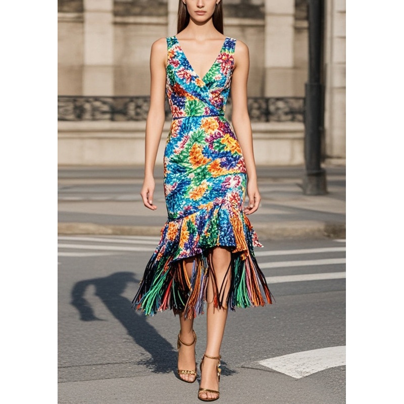 Boho Multicolour Tasseled Print Knit Wraped Dresses Summer