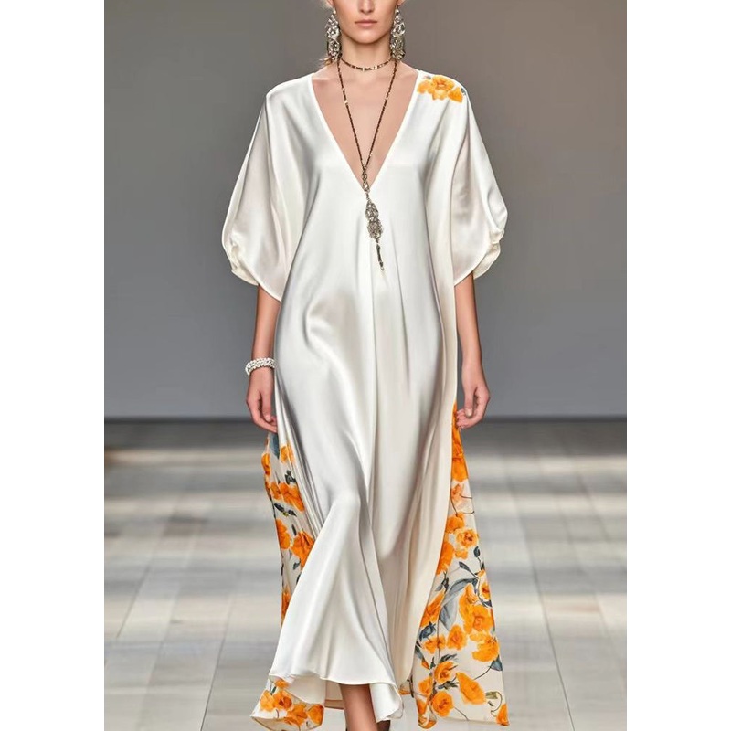 Boho White V Neck Patchwork Print Silk Party Dress Summer