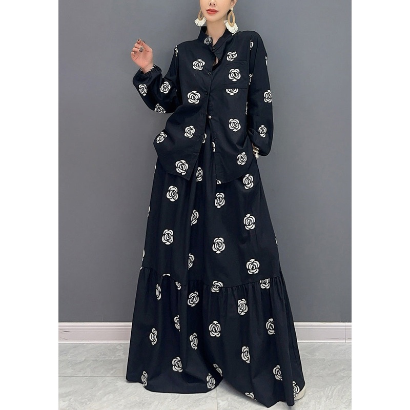 Boutique Black Stand Collar Print Patchwork Cotton Two-Piece Set Fall