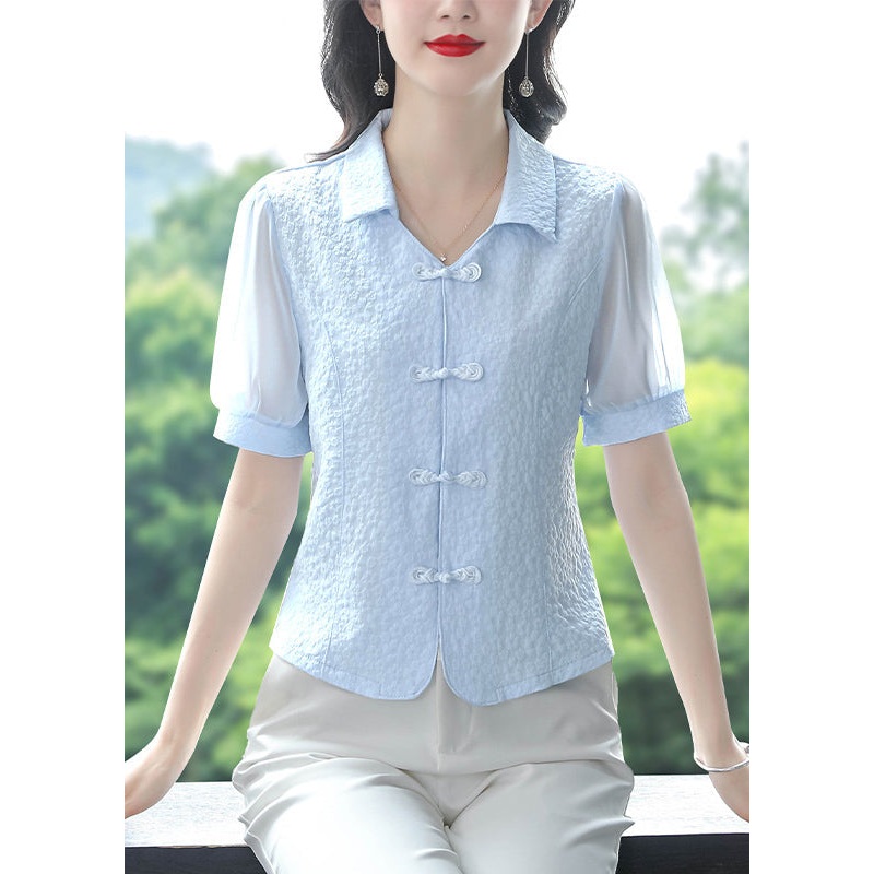 Boutique Blue Peter Pan Collar Chinese Button Cotton Tops Summer