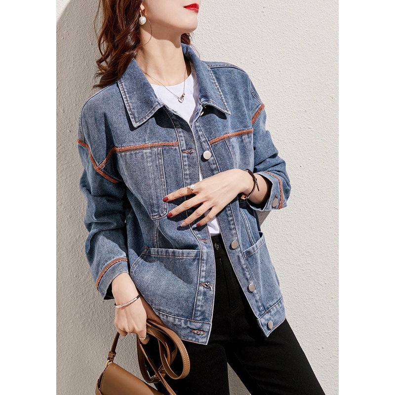 Boutique Denim Blue Peter Pan Collar Patchwork Pockets Cotton Jacket Spring