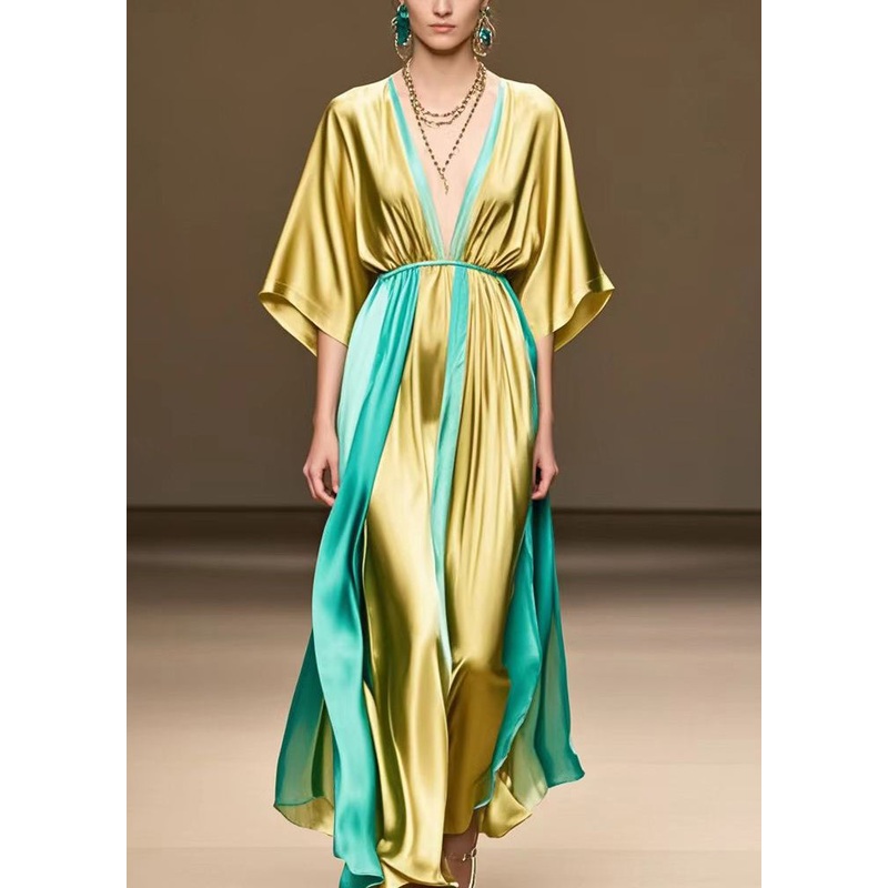 Casual Golden V Neck Patchwork Silk Ankle Dress Summer