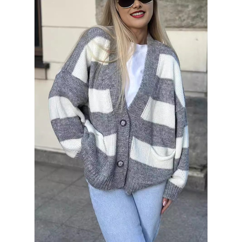 Casual Grey V Neck Pockets Striped Knit Cardigan Fall