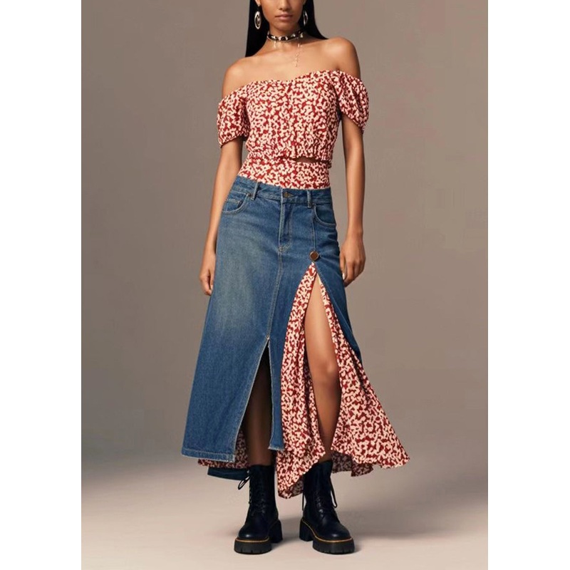 Casual Navy Asymmetrical Patchwork Side Open Denim Skirt Fall