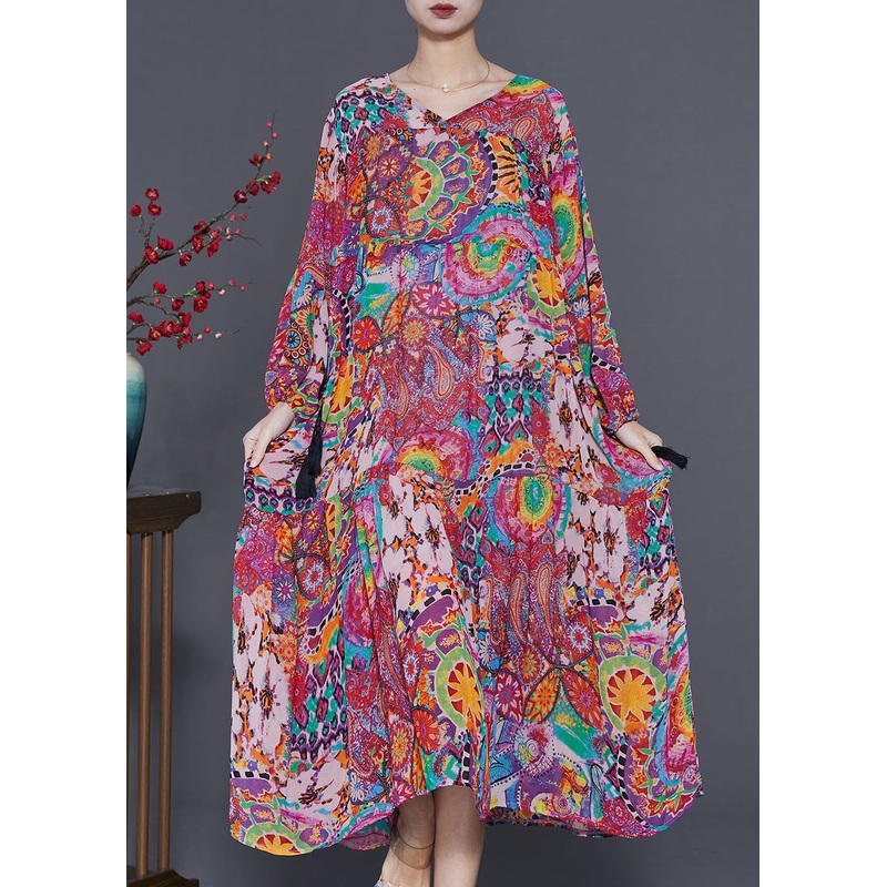 Casual Purple Print Drawstring Chiffon Maxi Dresses Spring