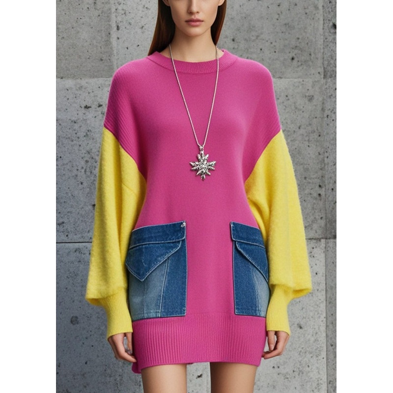 Casual Rose Oversized Patchwork Denim Knit Sweater Fall