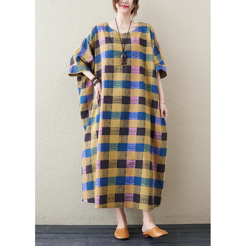 Casual Yellow Plaid O-Neck Long Dress Summer