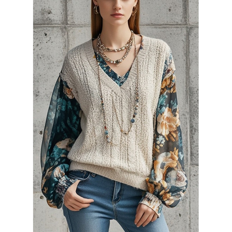 Chic Beige V Neck Patchwork Print Fake Two Piece Knit Shirts Fall