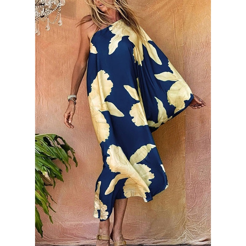 Chic Blue Asymmetrical One Shoulder Print Cotton Dresses Long Sleeve