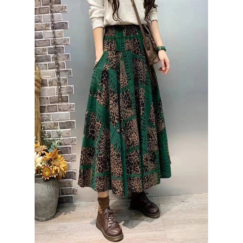 Chic Green Print Pockets Cotton Skirt Fall