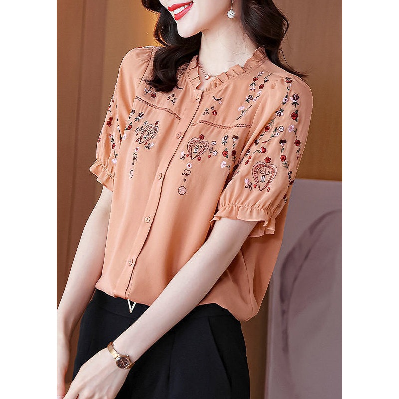 Chic Pink Ruffled Embroidered Silk Shirt Summer
