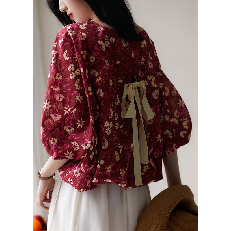 Chic Red Print Lace Up Cotton T Shirt Half Sleeve