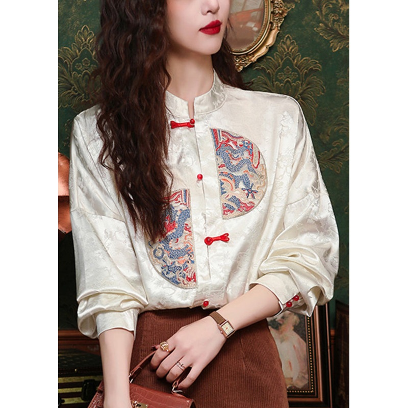 Chinese Style Apricot Stand Collar Embroidered Silk Shirt Long Sleeve