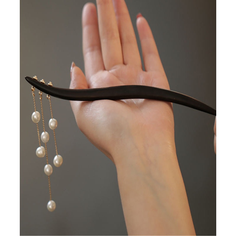 Chinese Style Black Wooden Pearl Tassel Wooden Hairpin