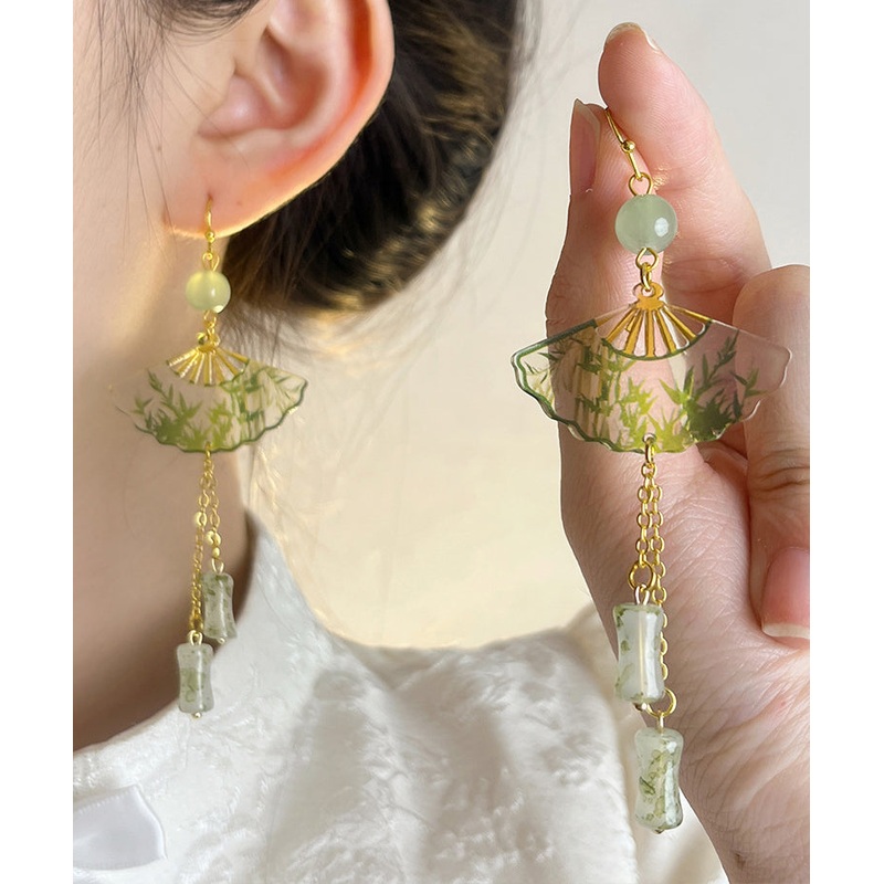 Chinese Style Green Acrylic Alloy Jade Bamboo Fan Tassel Drop Earrings