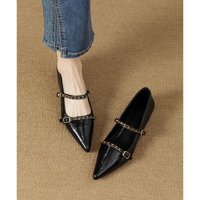 Classy Splicing Flat Shoes Black Cowhide Leather Pointed Toe