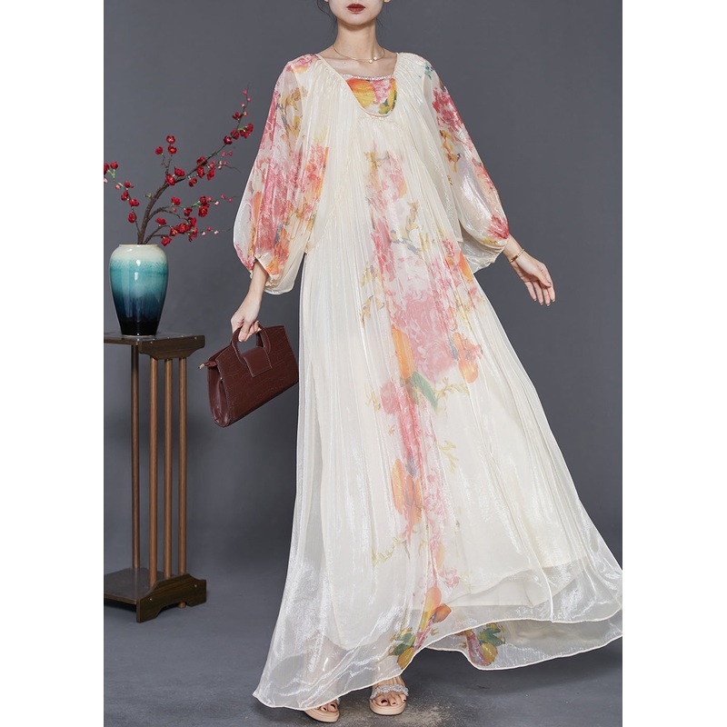 Elegant Apricot Oversized Print Chiffon Vacation Dresses Lantern Sleeve