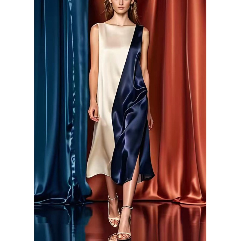 Elegant Colorblock Oversized Patchwork Side Open Silk Long Dresses Summer