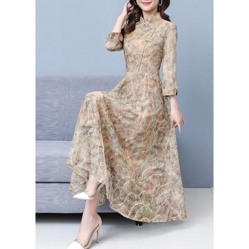 Elegant Khaki Print Exra Large Hem Lace Oriental Dresses Spring