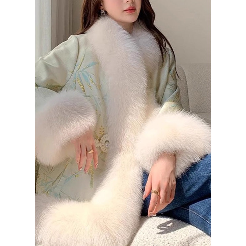 Elegant Light Green Fox Collar Embroidered Leather And Fur Coats Winter