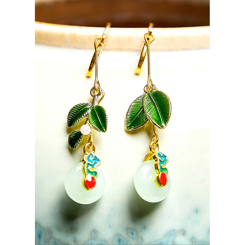 Elegant Metal Green Leaf Circular Jade Drop Earrings
