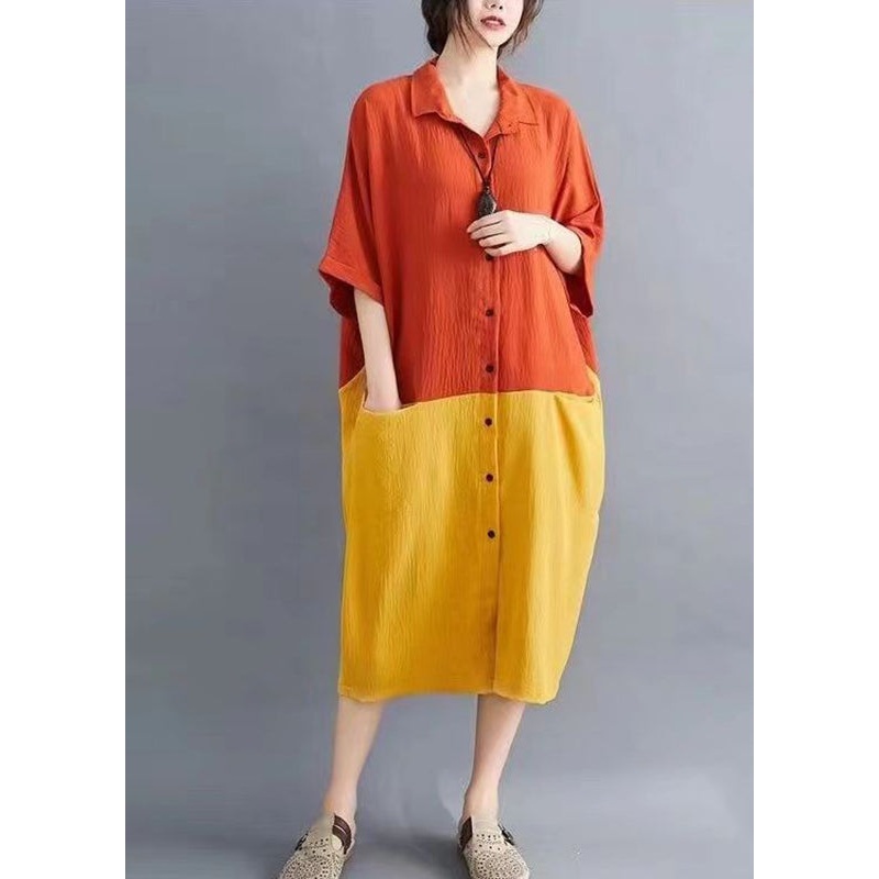 Elegant Orange Patchwork Yellow Peter Pan Collar Button Pockets Maxi Shirts Dress Summer