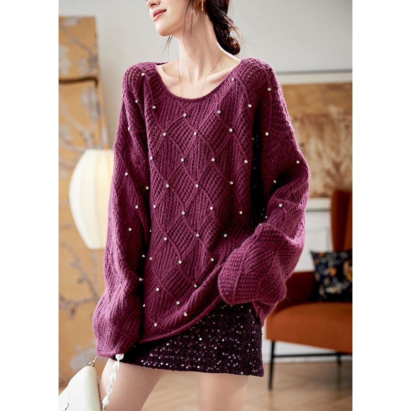 Elegant Purple O Neck Zircon Knit Sweaters Fall