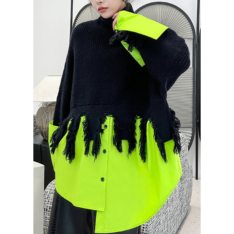 Fashion Black Green Hign Neck Asymmetrical Patchwork Knit Sweaters Fall