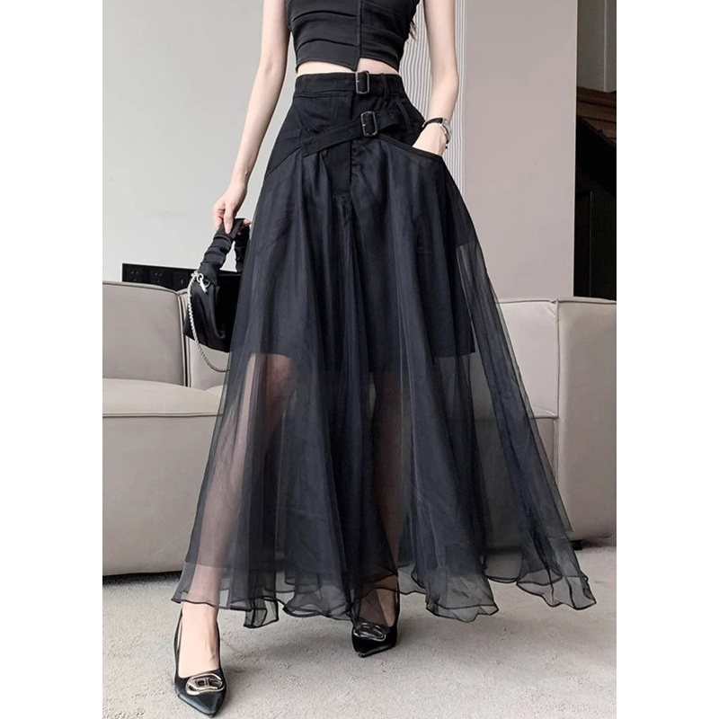 Fashion Black Sashes Pockets Tulle A Line Skirts Summer