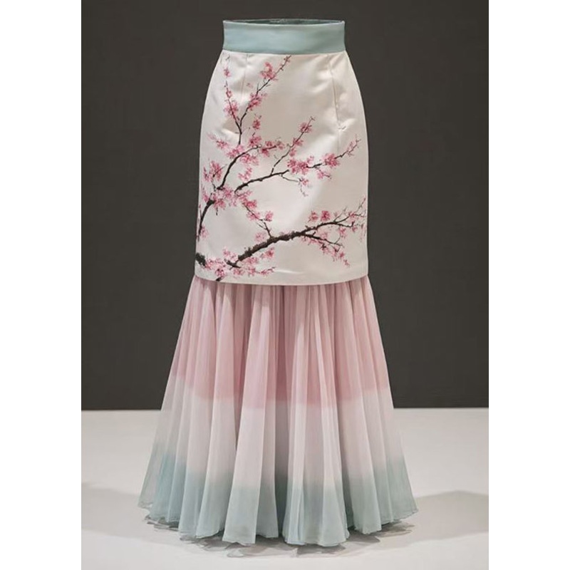 Fashion Pink Print False Two Pieces Chiffon Patchwork Skirts Summer