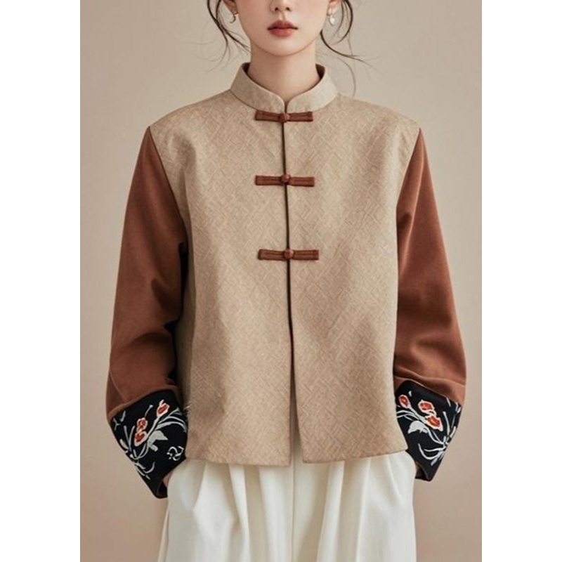 Fine Khaki Stand Collar Patchwork Coats Fall
