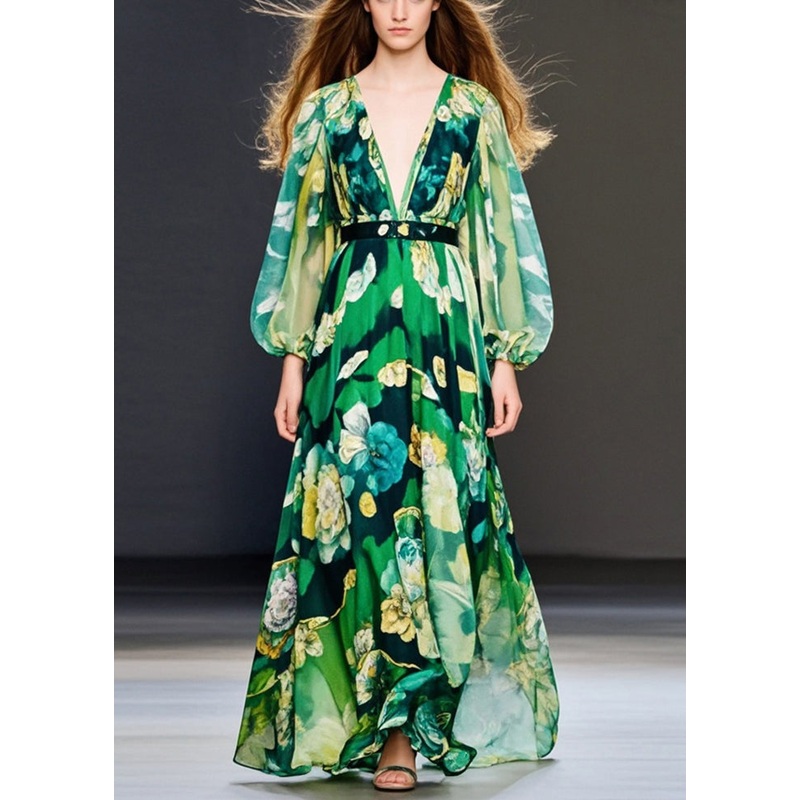 Fitted Green V Neck Print Chiffon Maxi Dress Fall