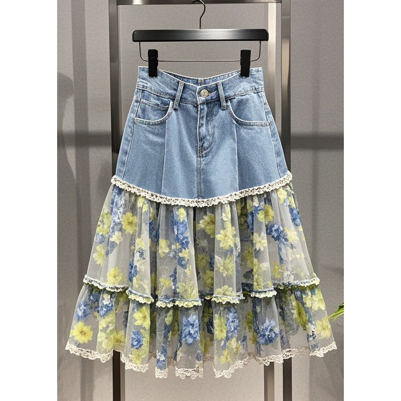 Fitted Light Blue Print Patchwork Tulle Denim Skirt Summer