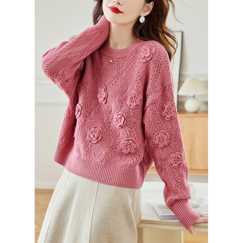 Floral Pink Hollow Out Solid Knit Sweaters Fall