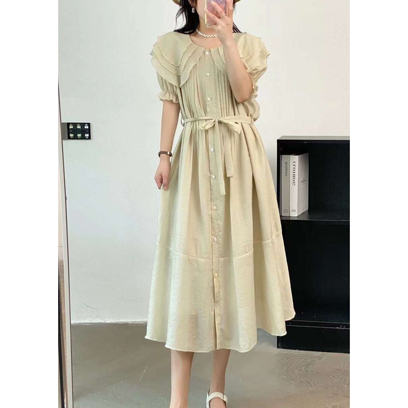 French Beige Peter Pan Collar Wrinkled Cotton Dresses Summer