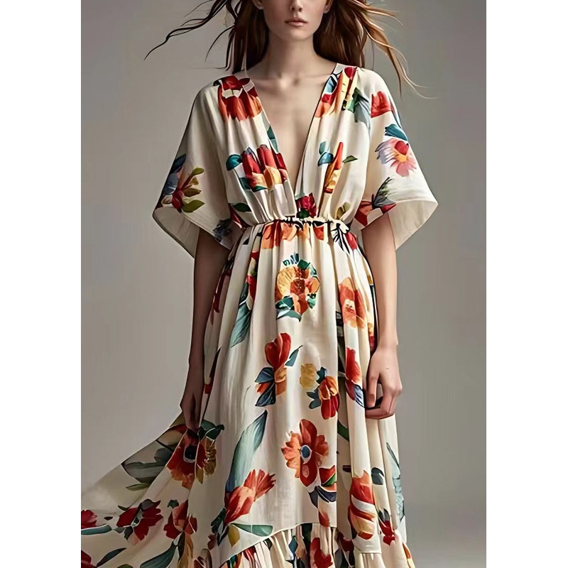 French Beige V Neck Print High Waist Cotton Dress Summer