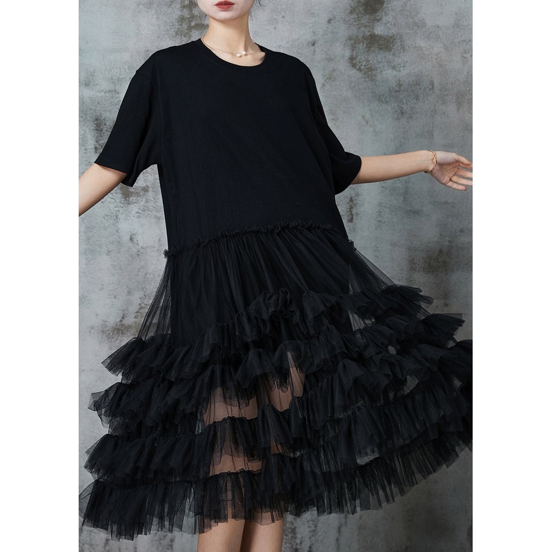 French Black Ruffled Patchwork Cotton Maxi Dress Summer