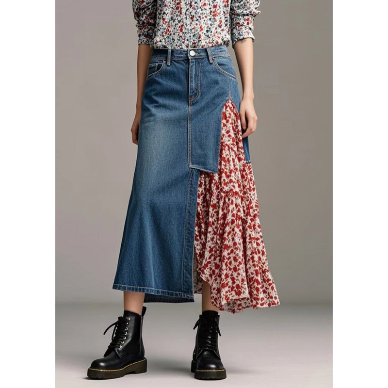 French Blue Asymmetrical Patchwork Denim Skirt Spring