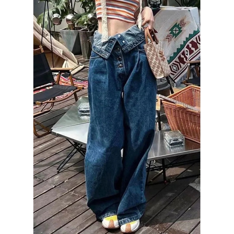 French Blue Button High Waist Denim Pants Summer