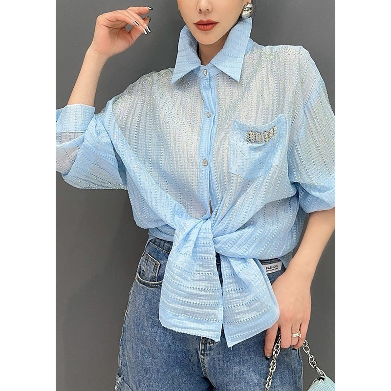 French Blue Peter Pan Button Zircon Collar Shirt Fall