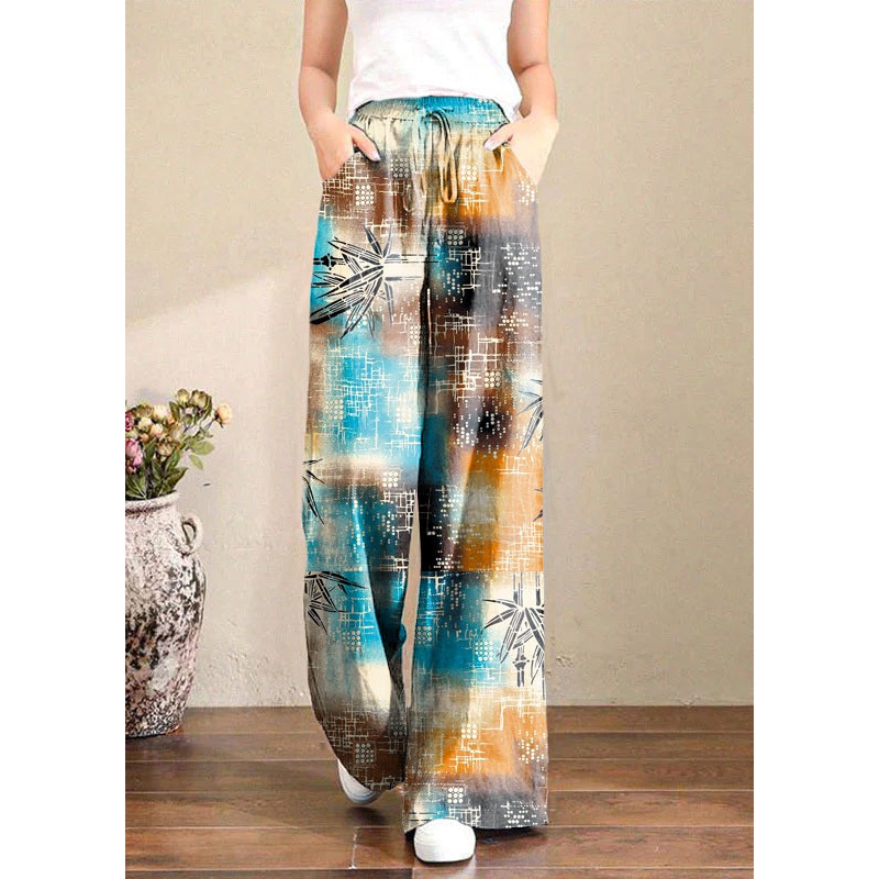 French Brown geometry Elastic Waist Pockets Linen Wide Leg Pants Summer