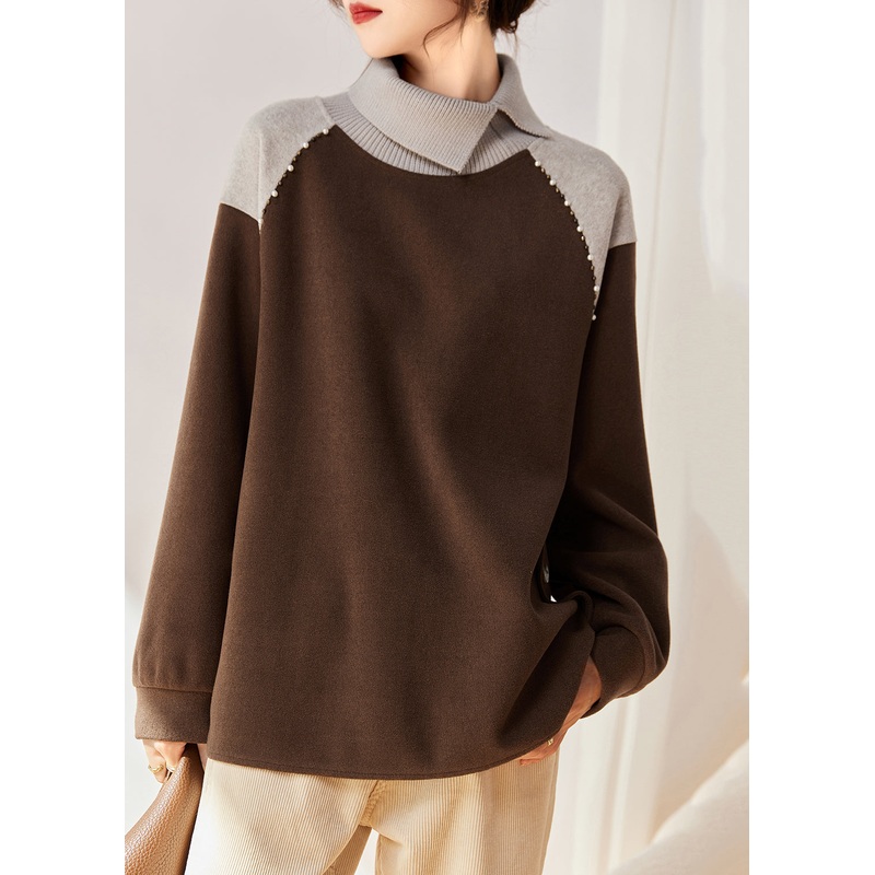 French Chocolate Nail Bead Patchwork Cotton Sweatshirts Top Spring