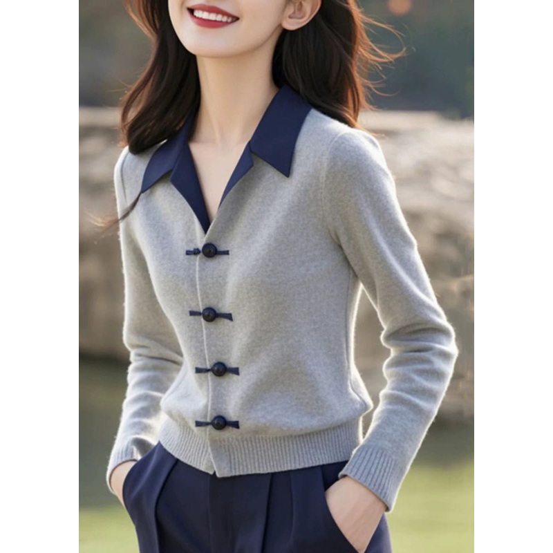 French Grey Button Patchwork Knitting Cotton Sweaters Winter