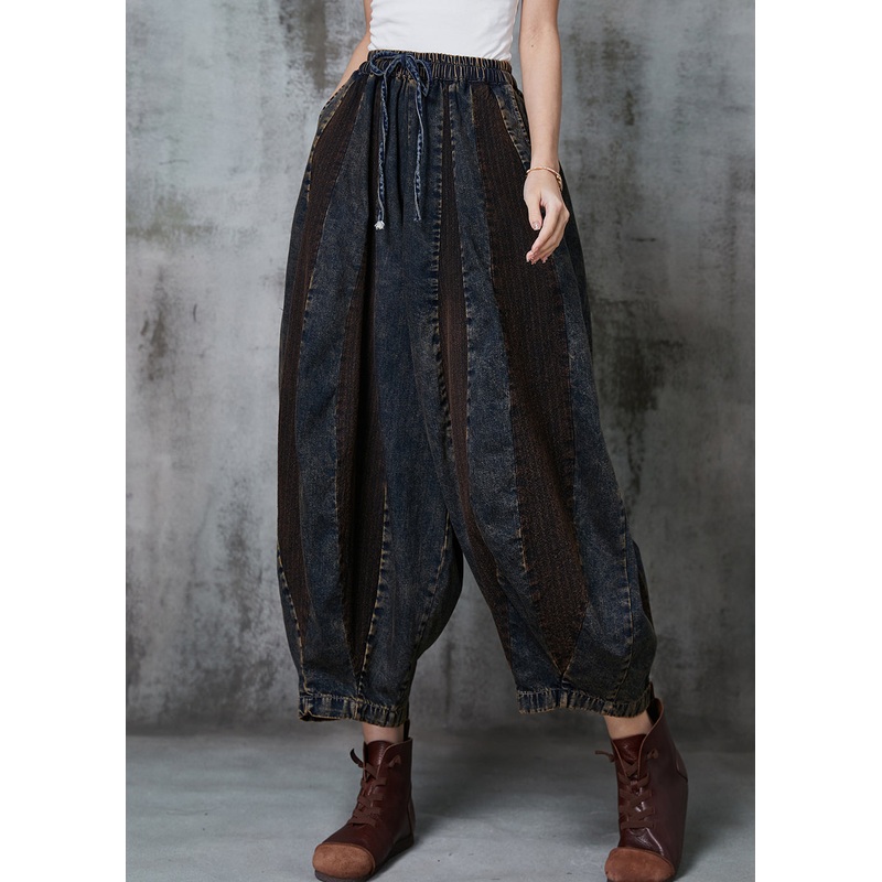 French Navy Oversized Patchwork Denim Pants Spring