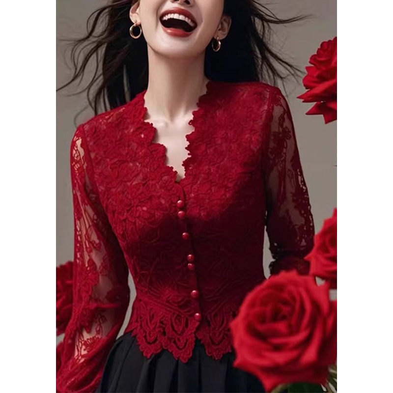 French Red V Neck Slim Fit Lace Shirt Tops Spring