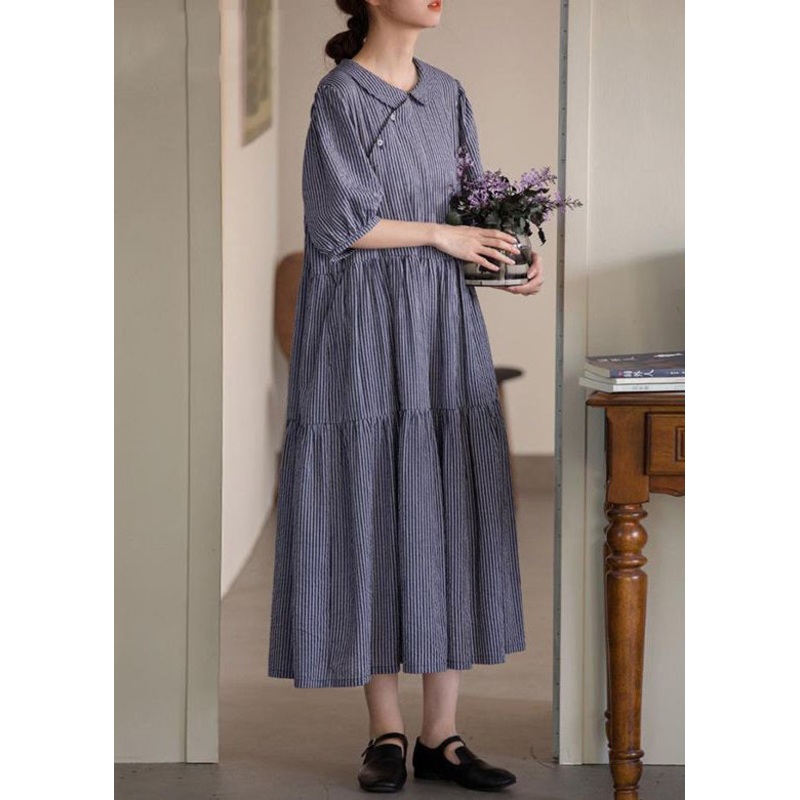 French Striped Peter Pan Collar Pockets Cotton Long Dresses Summer