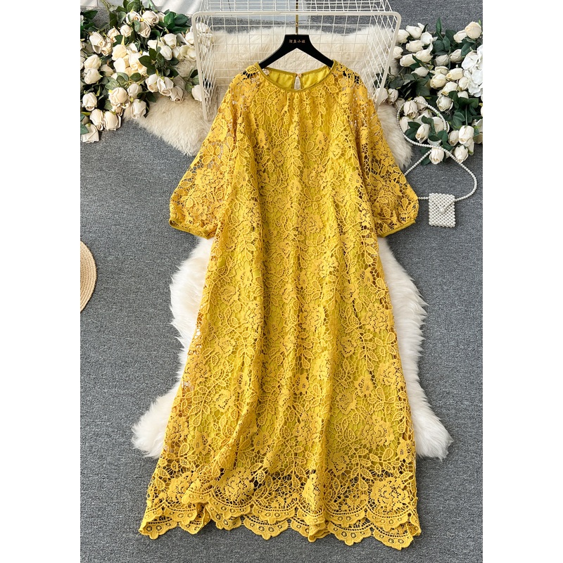 French Yellow O Neck Hollow Out Lace Dresses Summer