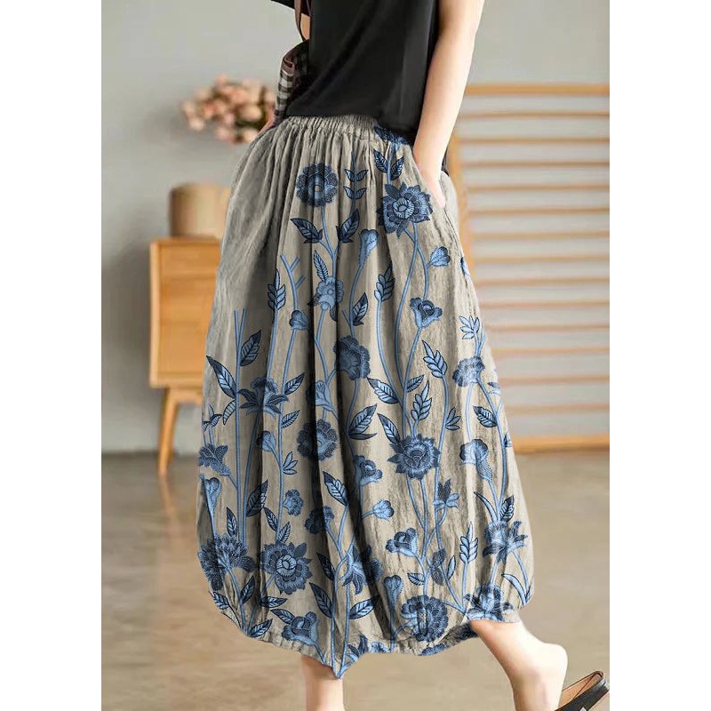 Gray Flowers Elastic Waist Linen Wide Leg Pants